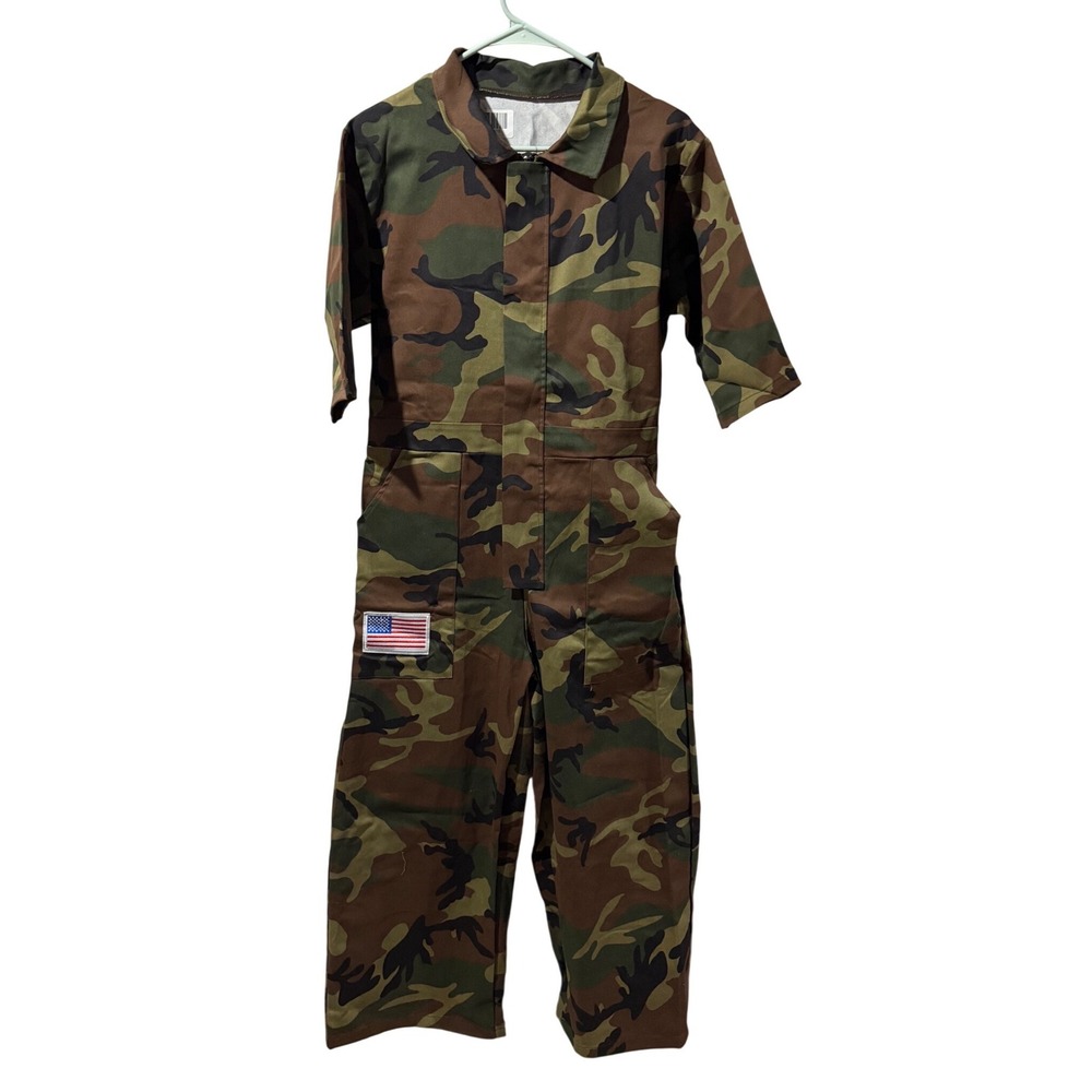 Woodland Camouflage Jumpsuit American Flag Patch Military Style Coveralls XL